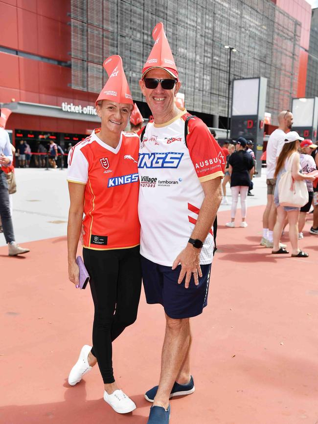 Di Wilson and Adam Cotter at Roosters V Dolphins, Suncorp Stadium. Picture: Patrick Woods.