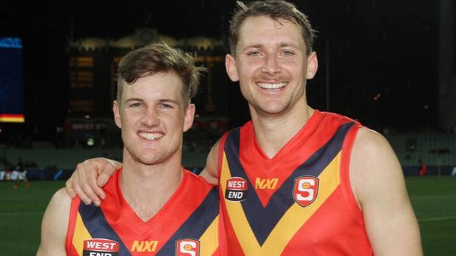 Murphy Short (left) with former CMS Crows teammate Ben Edwards. Picture: CMS Crows Football Club