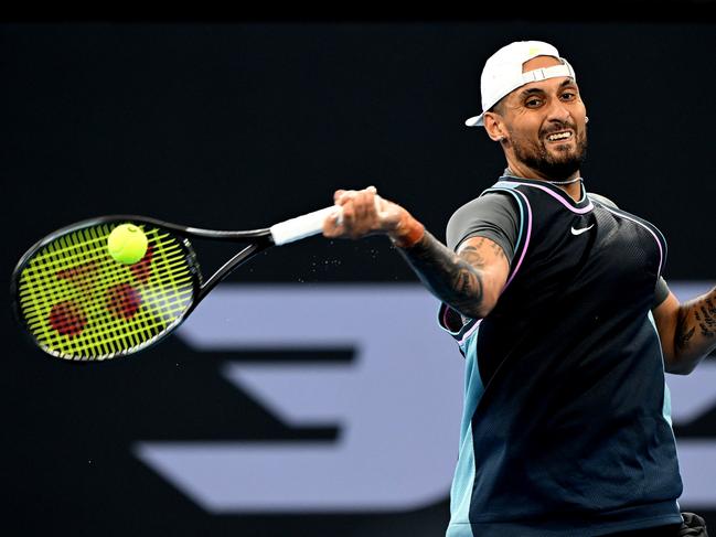 BRISBANE, AUSTRALIA - DECEMBER 31: Nick Kyrgios of Australia plays a forehand in his match against Giovanni Mpetshi Perricard of France during day three of the 2025 Brisbane International at Pat Rafter Arena on December 31, 2024 in Brisbane, Australia. (Photo by Bradley Kanaris/Getty Images)