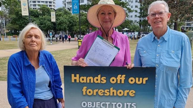The community campaign against beach bars on the Gold Coast. Pictured are Sally Spain, from Wildlife Queensland, along with Jennylyn Fahey and John Hicks from Community Alliance.
