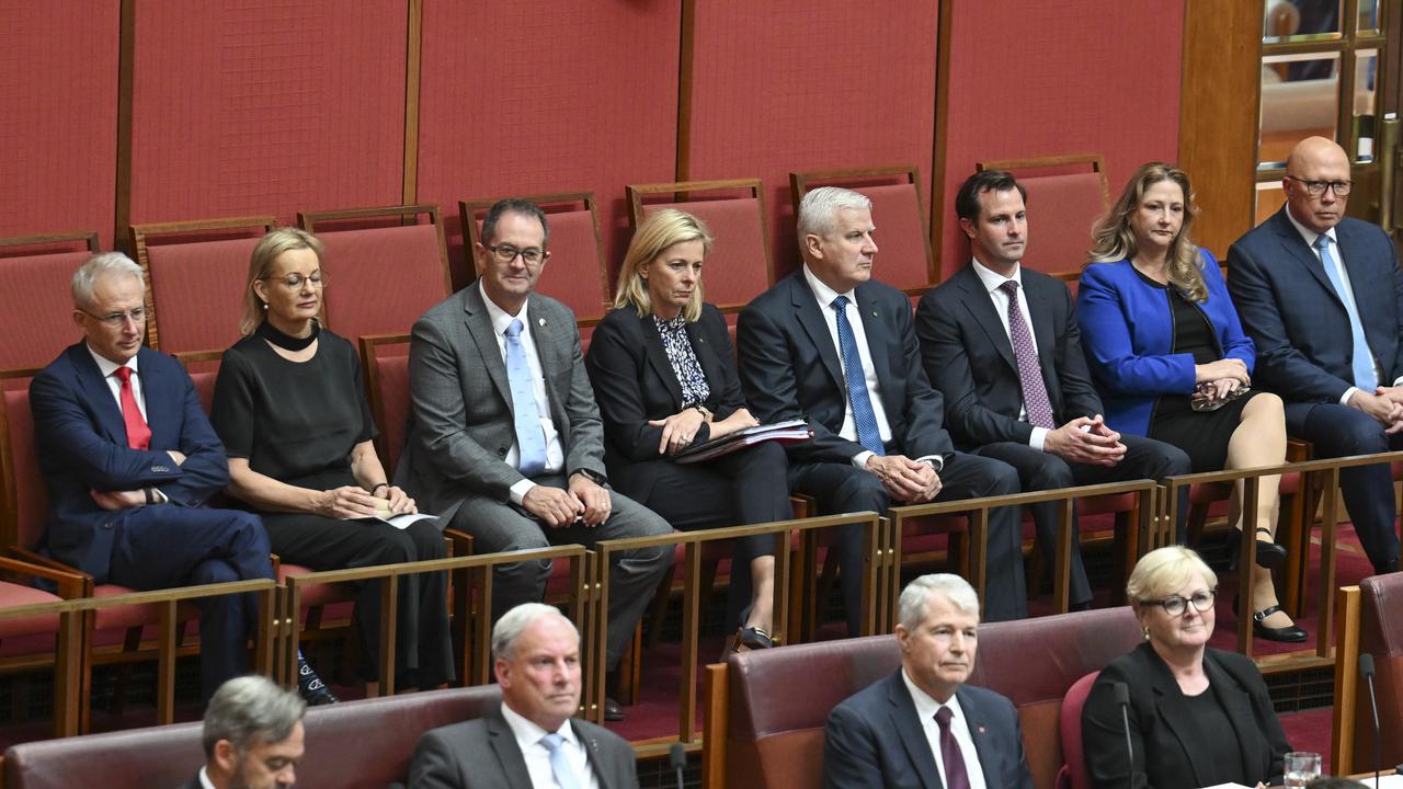 Several senior coalition frontbenchers, including Peter Dutton, attended the Senate for Senator Birmingham’s valedictory. Picture: NewsWire / Martin Ollman