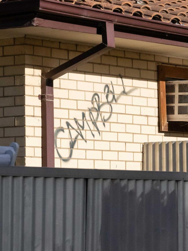 The name Campbell is spray painted on the side of the house Joe Campbell was staying at. The Advertiser/ Morgan Sette