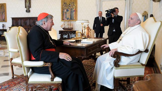 Pope Francis with George Pell after the cardinal returned to the Vatican in late 2020.