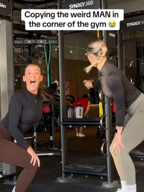 The women, who post as @fit.berna and @fitmitdebbs, shared a video mocking ‘the weird man in the gym’. Picture: Supplied