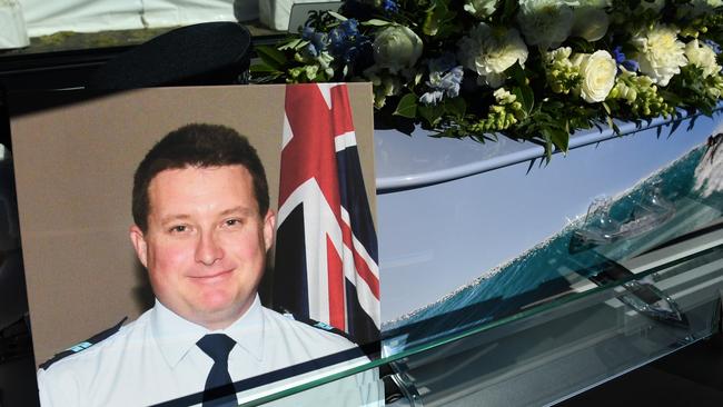 Senior Constable Brett Forte's casket at his funeral service in Toowoomba. Picture: AAP Image/Dan Peled