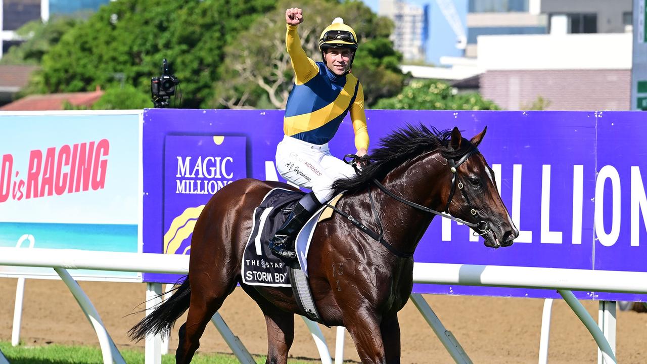 Supplied Editorial Storm Boy takes out the Magic Millions 2YO Classic for jockey Adam  Hyeronimus and trainers Gai Waterhouse and Adrian Bott. Picture: Grant Peters  - Trackside Photography