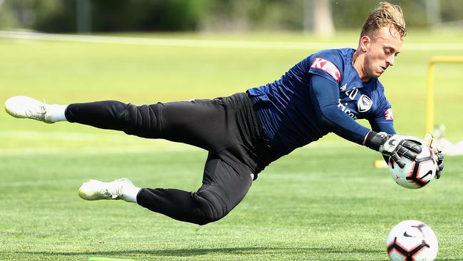 Lawrence Thomas takes part in a training drill at Gosch's Paddock last month. 