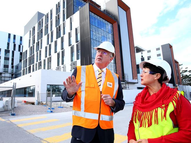 Minister for Health Brad Hazzard and Deborah Latta project director at Healthscope pictured at the Northern Beaches Hospital site in August. Picture: Damian Shaw