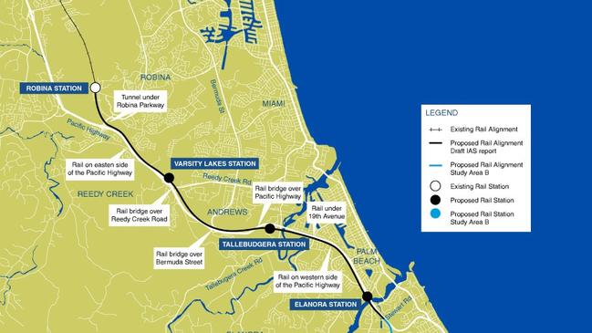 Map of the planned extension of the Gold Coast heavy rail to Gold Coast Airport.