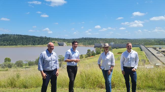 Left to right: Queensland Water Minister Glenn Butcher, Bundaberg MP Tom Smith, Deputy Premier Steven Miles and Premier Annastacia Palaszczuk at Paradise Dam.