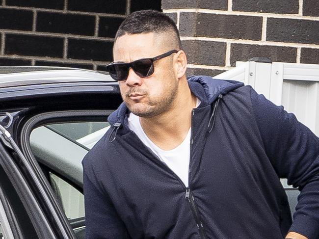 NRL star Jarryd Hayne outside his house in Merrylands after being released from prison yesterday.