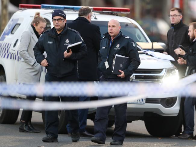 Police at the scene of a shooting in Argyle Place South in Carlton. Saturday, May 22, 2021. Picture: David Crosling