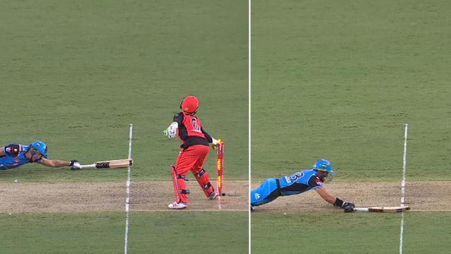 Strikers pair Matthew Short (left) and Jake Weatherald were run out in similar circumstances. Picture: Fox Cricket