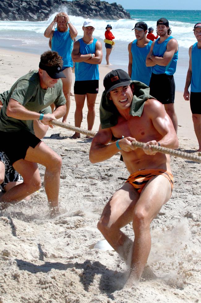 Rhys King competing in a tug-of-war battle during the Southport Sharks VFL team’s preseason training camp at Tallebudgera Beach. Picture: Mike Batterham