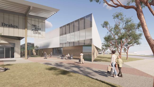 Artist impressions for the proposed $150m town centre at Two Wells, featuring a mix of retail, healthcare, commercial and community spaces, along with landscaped open spaces. Picture: NH Architecture