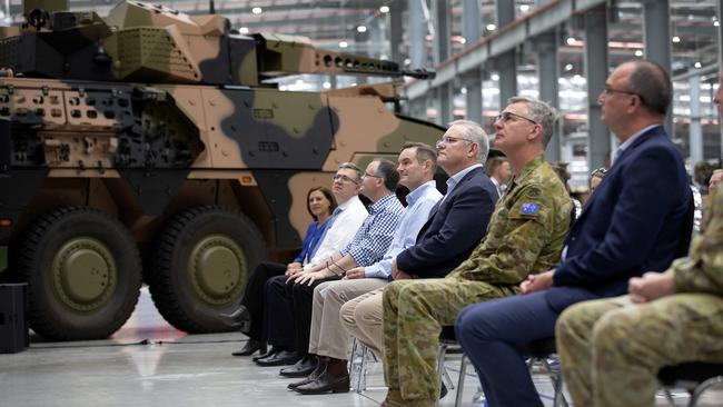 Mr Morrison attends the official opening of the Rheinmetall Military Vehicle Centre of Excellence. The defence technology company in Redbank will create more jobs for Queensland. Picture: NCA NewsWire / Sarah Marshall