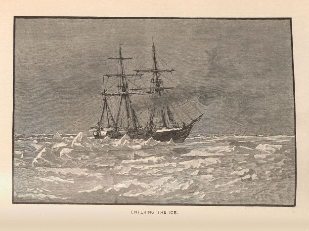 An illustration of USS Jeanette entering the ice in the Arctic in 1879 from the 1883 book The Voyage Of The Jeanette.