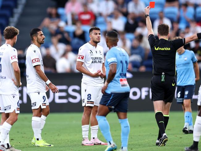 Zinedine Machach’s red card for Melbourne Victory was a major talking point from the weekend’s action. (Photo by Brendon Thorne/Getty Images)