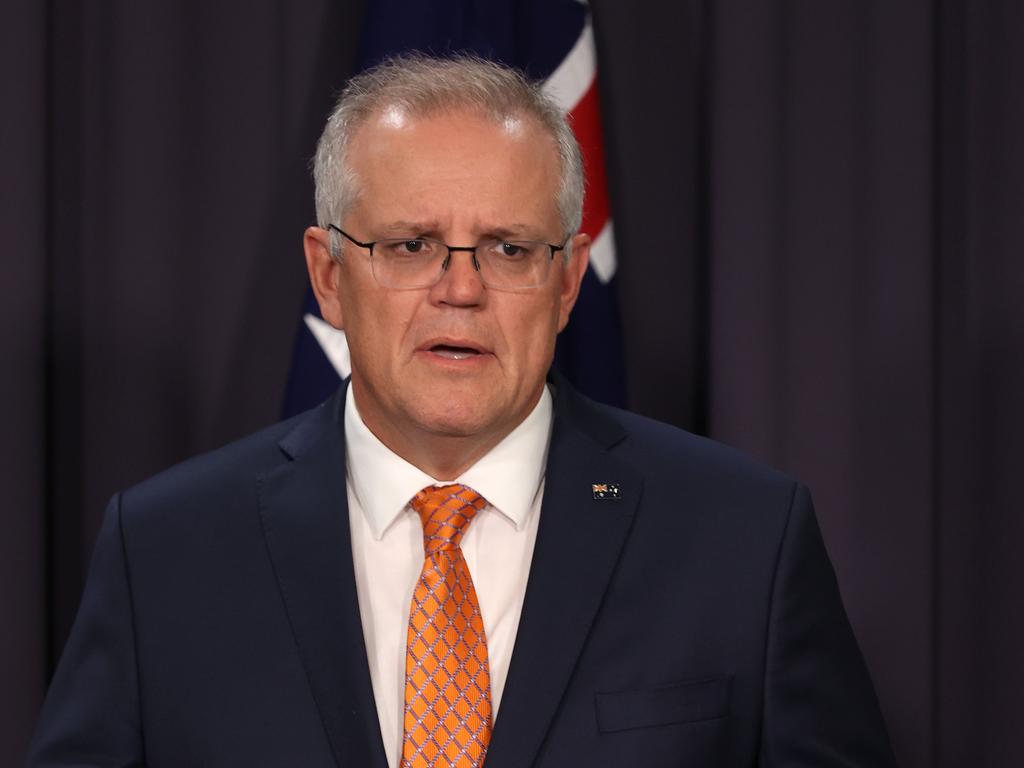 ‘We’re not immune from these uncertainties.’ Prime Minister Scott Morrison during a late press conference at Parliament House in Canberra. Picture: NCA NewsWire/Gary Ramage