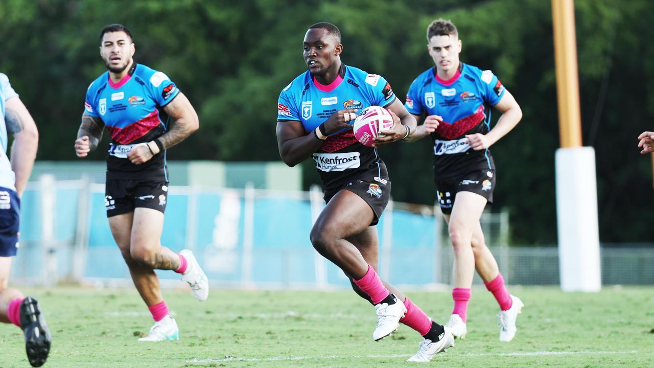 Emarly Bitungane runs the ball in the Hostplus Cup Queensland Rugby League (QRL) match between the Northern Pride and the Western Clydesdales, held at Barlow Park. Picture: Brendan Radke