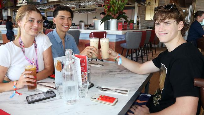 (L-R) Xanthe Craig, Maxus Montgomery and Fletcher Clare doing Schoolies the right way. Picture: Richard Gosling