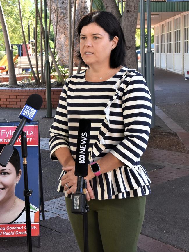 Health Minister Natasha Fyles at a Covid-19 press conference outside her electorate office in Nightcliff. Picture: Natasha Emeck