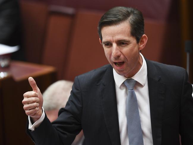 Australian Education Minister Simon Birmingham speaks during Senate Question Time in the Senate chamber during a ceremony at Parliament House in Canberra, Thursday, March 22, 2018. (AAP Image/Lukas Coch) NO ARCHIVING