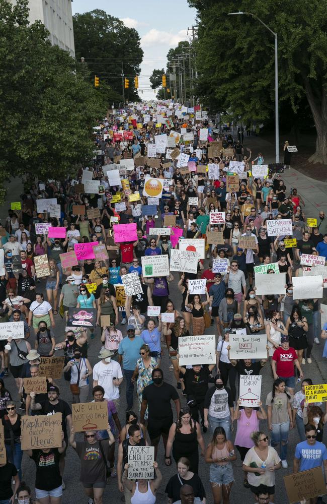 People gather to protest against the Supreme Court’s decision in the Dobbs v Jackson Women's Health case in Raleigh, North Carolina. Picture: Getty