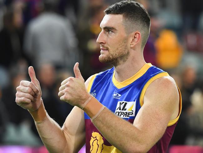 BRISBANE, AUSTRALIA - JUNE 11: Daniel McStay of the Lions applauds the fans after his team's victory during the round 13 AFL match between the Brisbane Lions and the St Kilda Saints at The Gabba on June 11, 2022 in Brisbane, Australia. (Photo by Albert Perez/AFL Photos/via Getty Images)