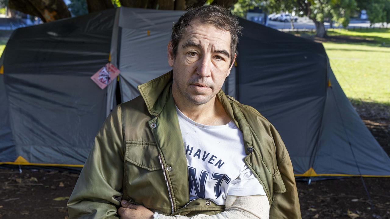 Allan Ryder outside his tent in Musgrave Park, South Brisbane. Picture: Richard Walker