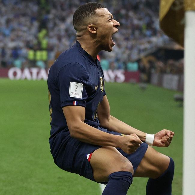 France's forward #10 Kylian Mbappe celebrates the equaliser.