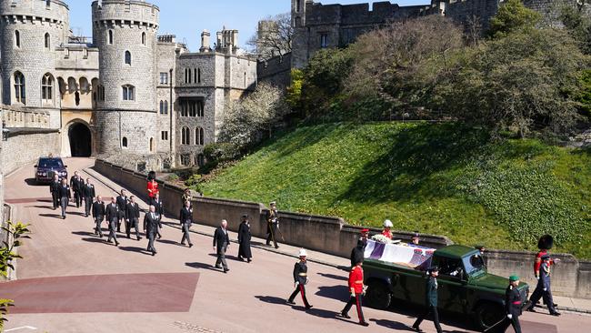 The Royal Family walk behind Prince Philip, Duke of Edinburgh's coffin, carried by a Land rover hearse. Picture: Getty