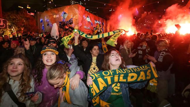 FIFA WomenÃs World Cup.Matilda fans at Federation Square for the Quarter Final between Australia and France. Fans celebrate as Australia wins in a penalty shootout. Picture: Ian Currie