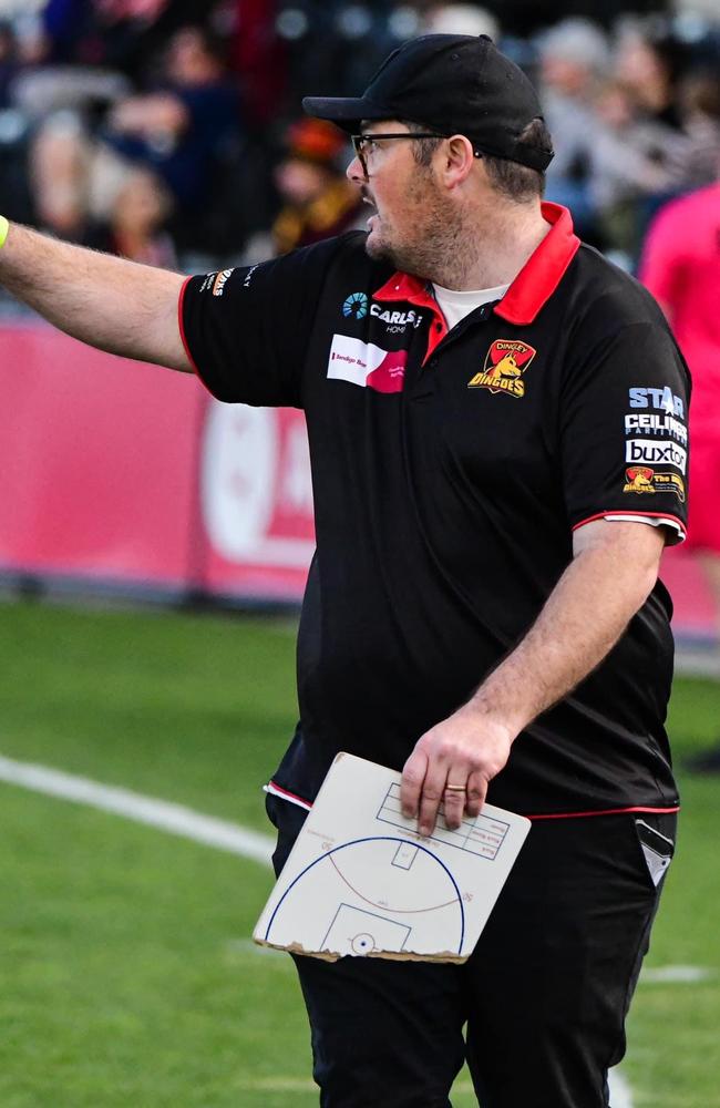 Dingley coach Zach Horsley and his half whiteboard. Picture: Jam_Visuals