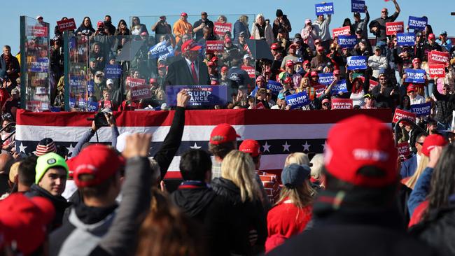 LITITZ, PENNSYLVANIA - NOVEMBER 03: Republican presidential nominee, former U.S. President Donald Trump speaks during a campaign rally at Lancaster Airport on November 03, 2024 in Lititz, Pennsylvania. Trump begins his day campaigning in battleground state of Pennsylvania, where 19 electoral votes up for grabs, where a recent New York Times and Siena College polls show a tie with Democratic presidential nominee, U.S. Vice President Kamala Harris. Trump will head to North Carolina and Georgia where Harris continues to lead in the polls.   Michael M. Santiago/Getty Images/AFP (Photo by Michael M. Santiago / GETTY IMAGES NORTH AMERICA / Getty Images via AFP)