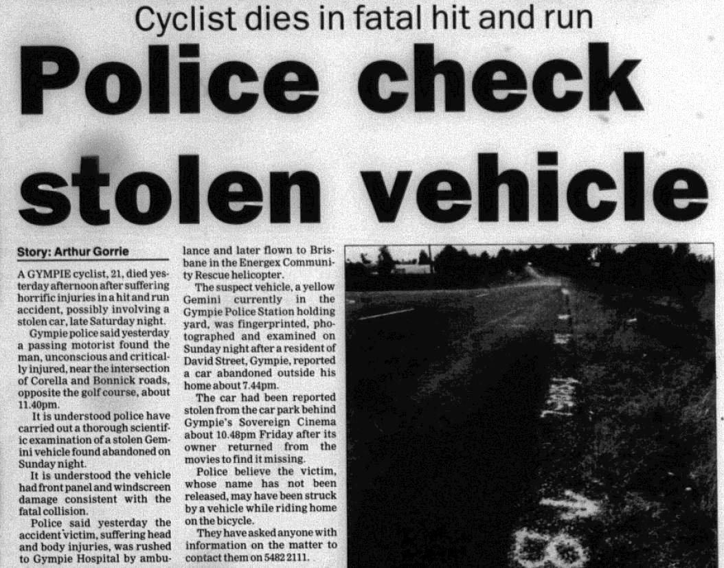 GYMPIE TIMES - November 9, 1999: 'Cyclist dies in fatal hit and run'