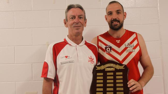 PROUD AND RELIEVED: Lismore Swans coach Ashley Prichard and captain Eoghan McNutt after they defeated the Casino Lions by a leviathan 275 points when the teams each played their first game in the Casino vs Lismore ANZAC DAY Shield and their first game in the AFL North Coast League. Photo: Alison Paterson