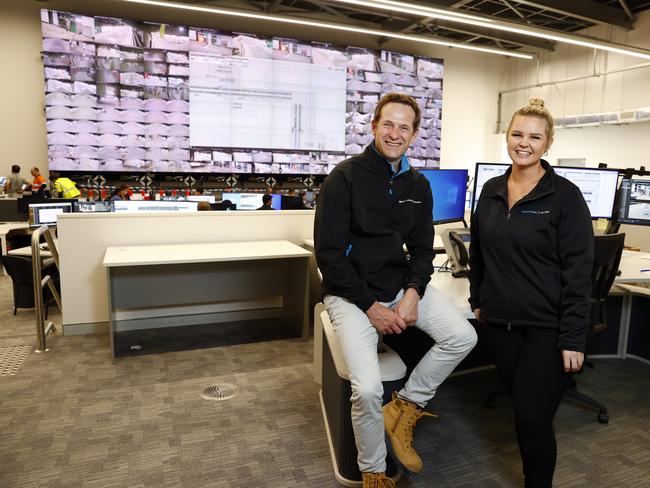 Group Executive for WestConnex and Transurban Andrew Head and Asset Operations Support Telaine Grapsas in the WestConnex Transurban Motorway Control Room. Picture: Richard Dobson