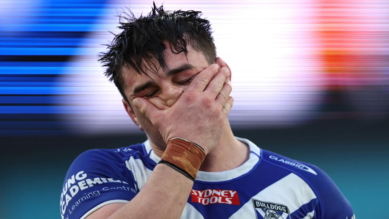 Reed Mahoney of the Bulldogs is seen dejected at full time after the round 18 NRL match between Canterbury Bulldogs and Newcastle Knights at Accor Stadium on July 02, 2023 in Sydney, Australia. (Photo by Jeremy Ng/Getty Images)