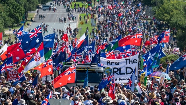Tens of thousands of followers in Canberra on Saturday to protest against COVID-19 mandates. Picture: NCA NewsWire / Martin Ollman
