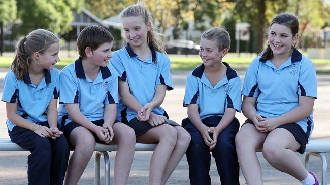 The school attended by Warren locals (L-R) Charlie McMillan, 10, Joe McNair, 11, Emily Wise, 11, Harrison Barclay, 10, and Billie Brown, 12, had dozens of mice in their classrooms each day. Picture: David Swift