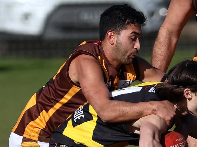 RDFNL: Lancefield v Woodend-Hesket: Lachlan Giles of Lancefield is tackled by Kyle Baker of Woodend-Hesket at Lancefield Park on Saturday July 8, 2023 in Lancefield, Australia.Photo: Hamish Blair