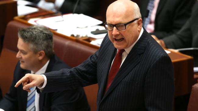 Attorney-General George Brandis in Senate Question Time in the Senate Chamber, Parliament House in Canberra.