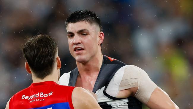 Brayden Maynard and Jack Viney clash. Picture: Dylan Burns/AFL Photos via Getty Images