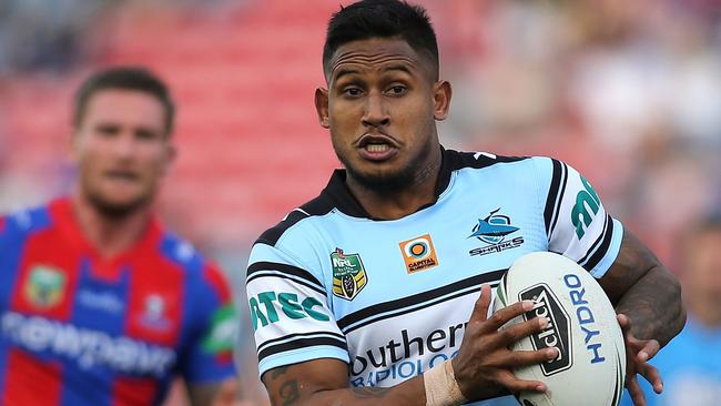 NEWCASTLE, AUSTRALIA - MAY 15: Ben Barba of the Sharks runs the ball during the round 10 NRL match between the Newcastle Knights and the Cronulla Sharks at Hunter Stadium on May 15, 2016 in Newcastle, Australia. (Photo by Tony Feder/Getty Images)