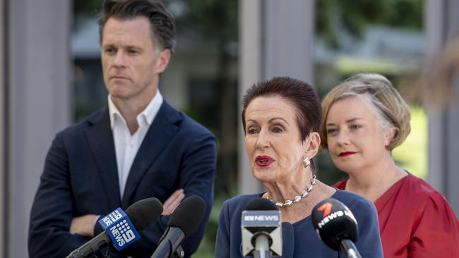 Sydney Lord Mayor Clover Moore pictured with Premier Chris Minns and fellow councillor Linda Scott during the Moore Park announcement last month.