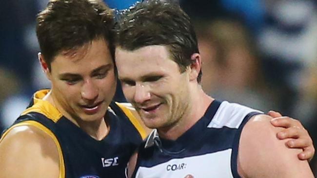 : Patrick Dangerfield of the Cats chats with former teammate Jake Lever of the Crows during the round 11 AFL match between the Geelong Cats and the Adelaide Crows. Picture: GETTY IMAGES