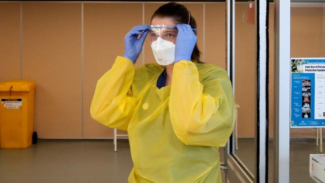 Nurse Tamzin Ingram at the new COVID-19 Clinic at the Mount Barker Hospital in Adelaide. Picture: AAP