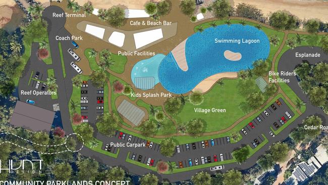 Palm Cove re-imagined: Hunt Architecture has released a new concept for the establishment of a safe harbour, swimming lagoon and increased car parking at Palm Cove's Williams Esplanade. Picture: Hunt Architecture.