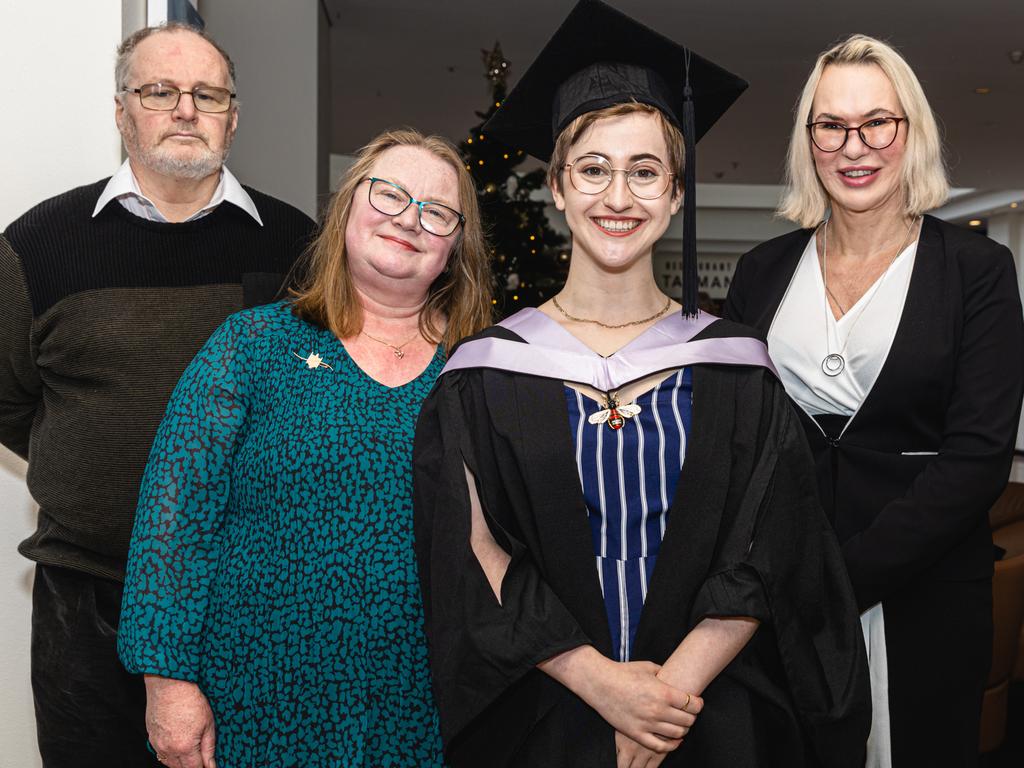 Paul and Joanna Healy with Medicine and Surgery graduate, Jessica Walls and Christina Walls at the University of Tasmania Graduation Ceremony, Grand Chancellor Hobart. Picture: Linda Higginson